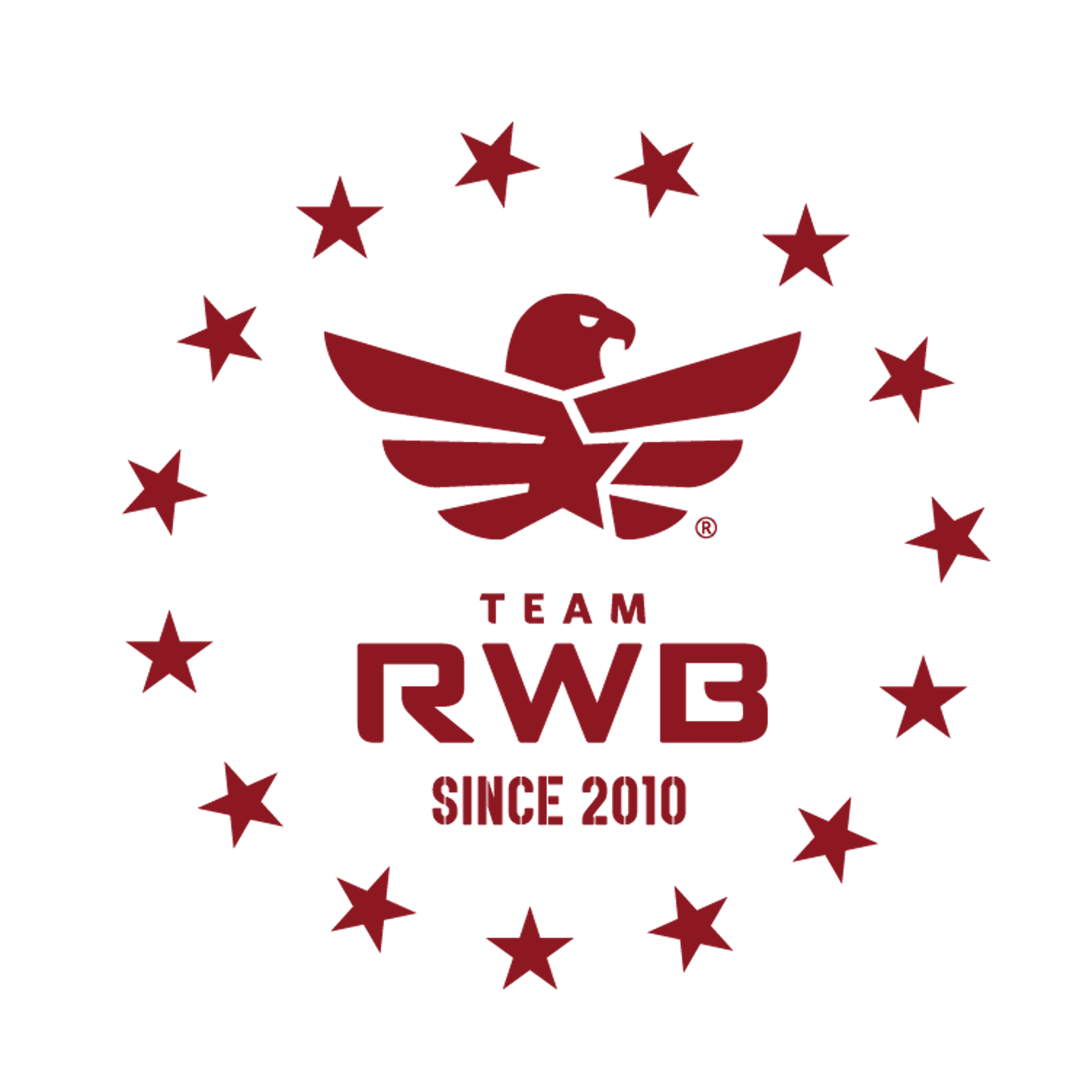 Illustration of Team RWB's crimson "Legacy" logo. The Team RWB Eagle is encircled by 15 Stars, commemorating our 15 years of operation.
